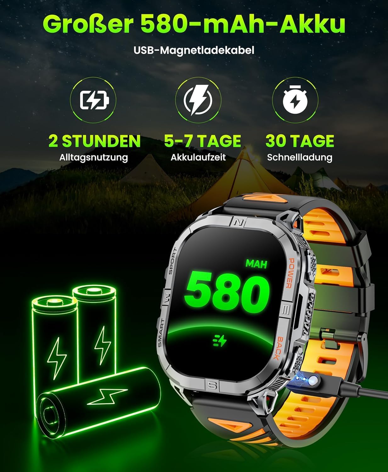 GPS Montre Connectée Homme, 2,13" AMOLED Militaire Smartwatch avec Torche LED/Boussole/100+ Modes Sportifs/580mAh Batterie/Surveillance Santé/Appels Bluetooth pour Android iOS (Noir)