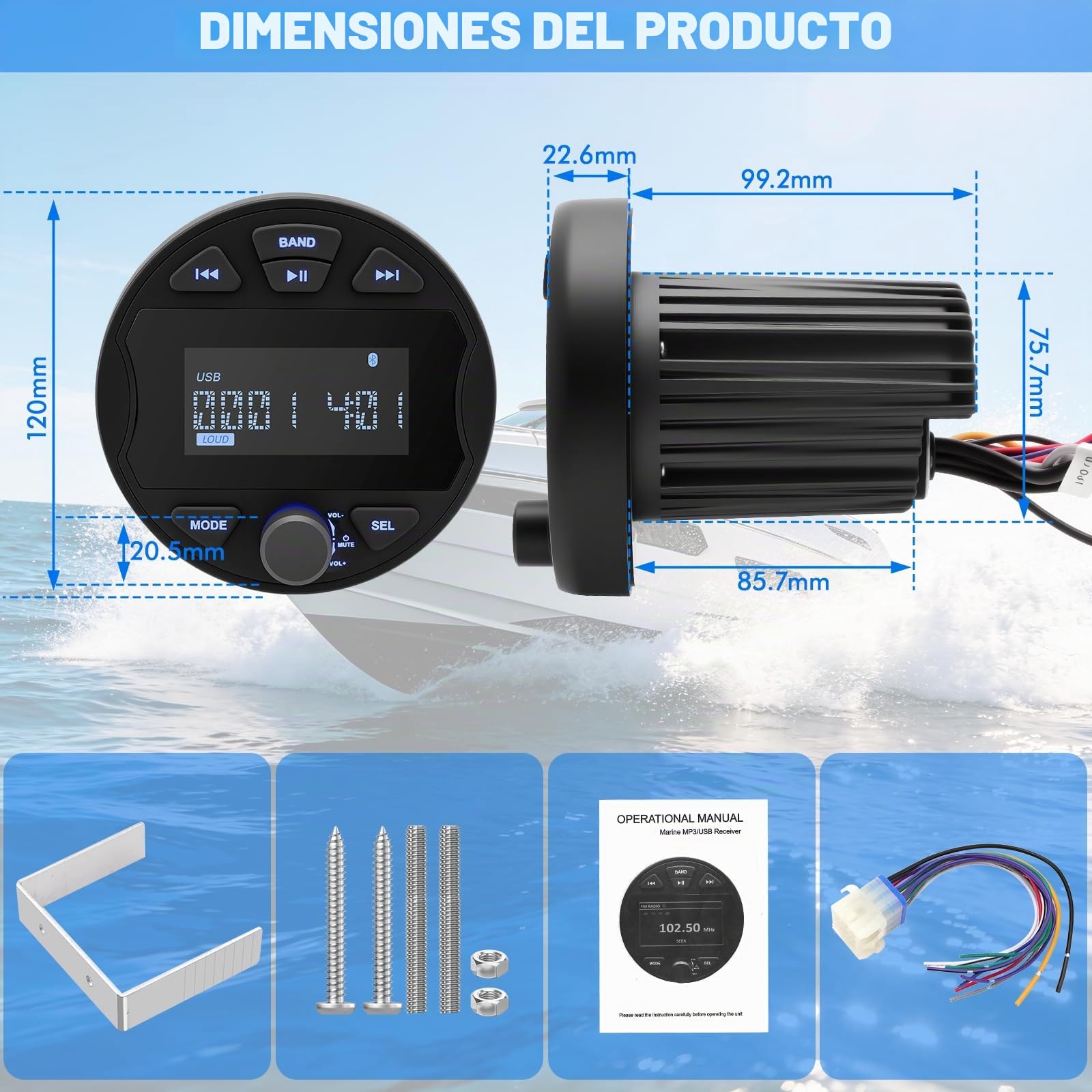Receptor de Estéreo Marino MP3 con Función de Radio Digital Am/FM, USB, BT y Resistencia al Agua IPX6, Ideal para Barcos, Lancha y Uso Profesional | Digital Am/FM, USB, BT y Resistencia al Agua IPX6, Ideal para Barcos, Lancha y Uso Profesional