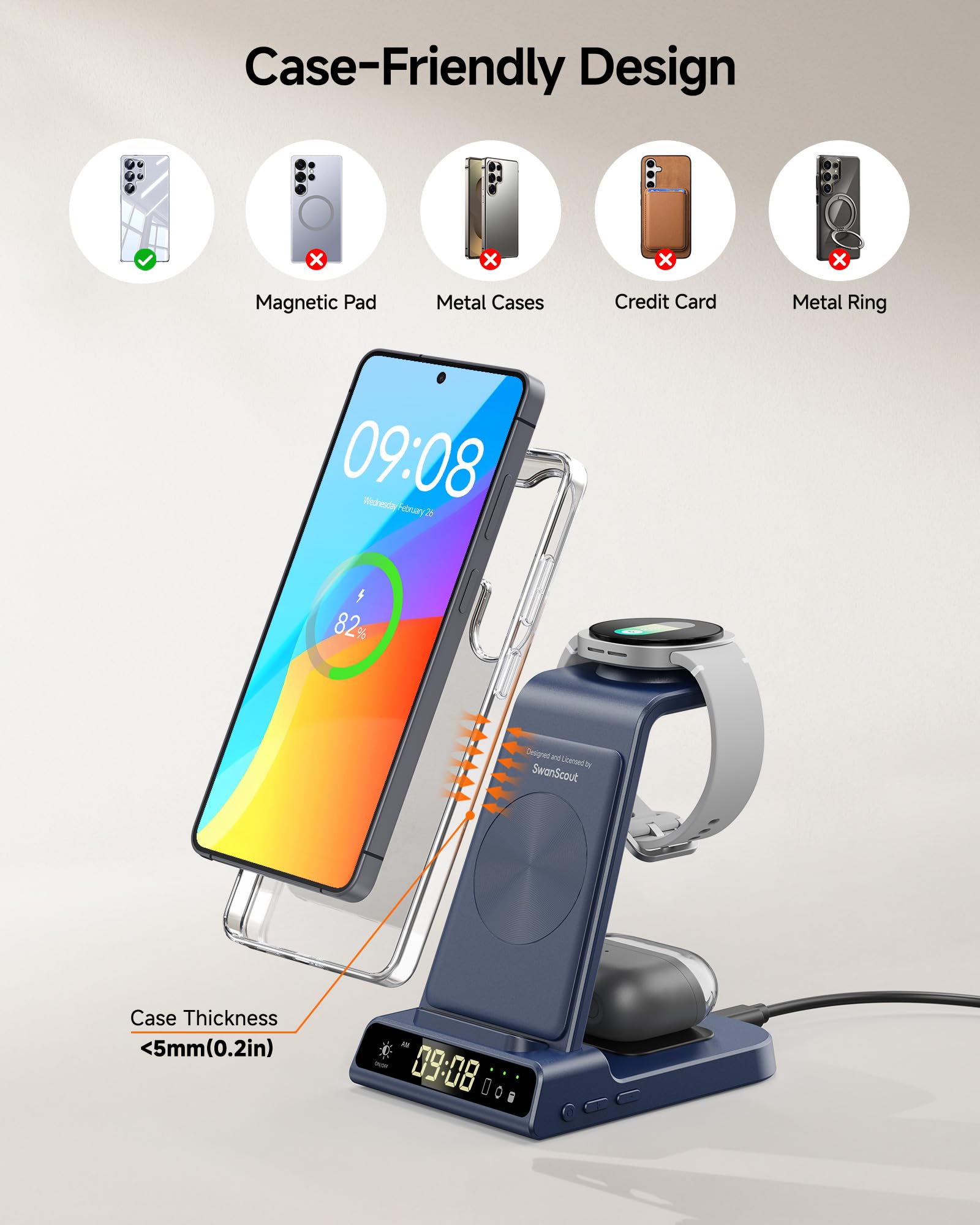 Caricabatterie wireless per dispositivi Samsung, stazione di ricarica wireless per Galaxy S26 Ultra/S26+/S26/S25/Z Flip7/S24/S23/S22, per Galaxy Watch 8/8 Classic/7/Ultra/6/5 Pro, Galaxy Buds4 Pro