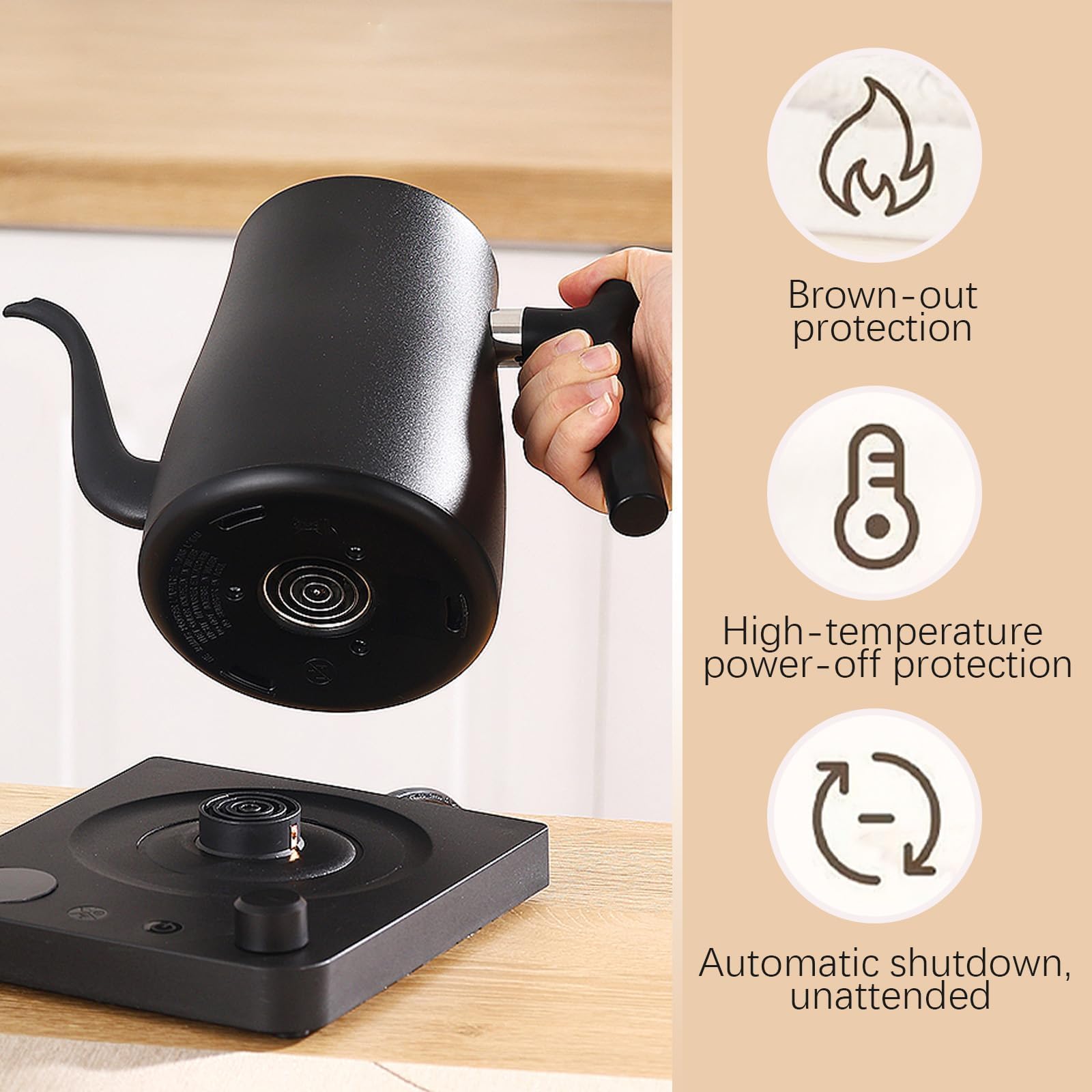 Hervidor Eléctrico Inteligente Cuello de Cisne 1.0 Litro con Ajuste de Temperatura 40-100°C, Acero Inoxidable 304, Conservación Térmica 36 Horas, Protección contra Funcionamiento en Seco 1000W Negro