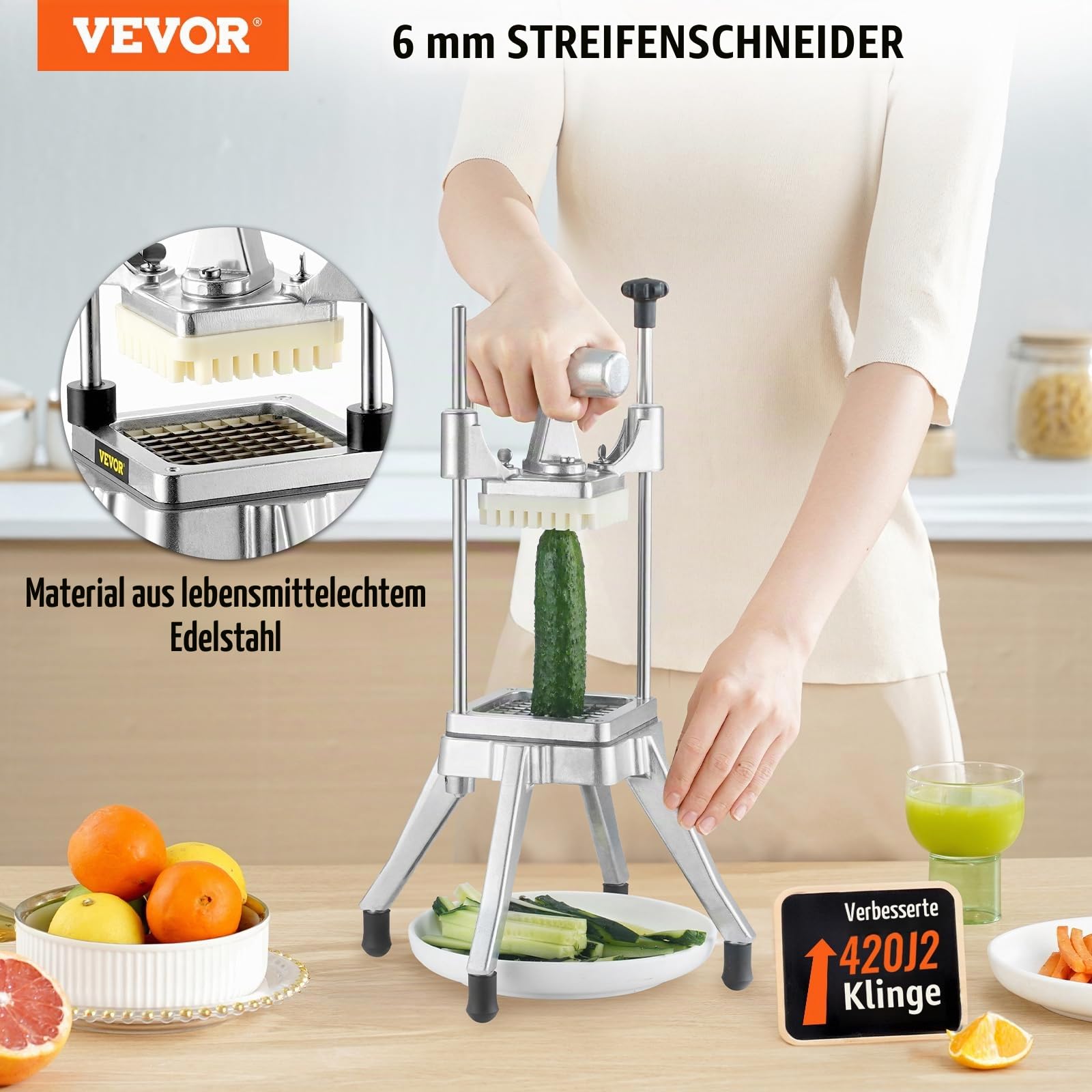 VEVOR Kartoffelschneider Pommes Frites Schneider 1/4 Zoll, Frittenschneider Gemüseschneider Kommerzieller Zerkleinerer Obstschneidemaschine mit 2 Ersatzklingen, Edelstahl Zerhacker Salat, Früchte