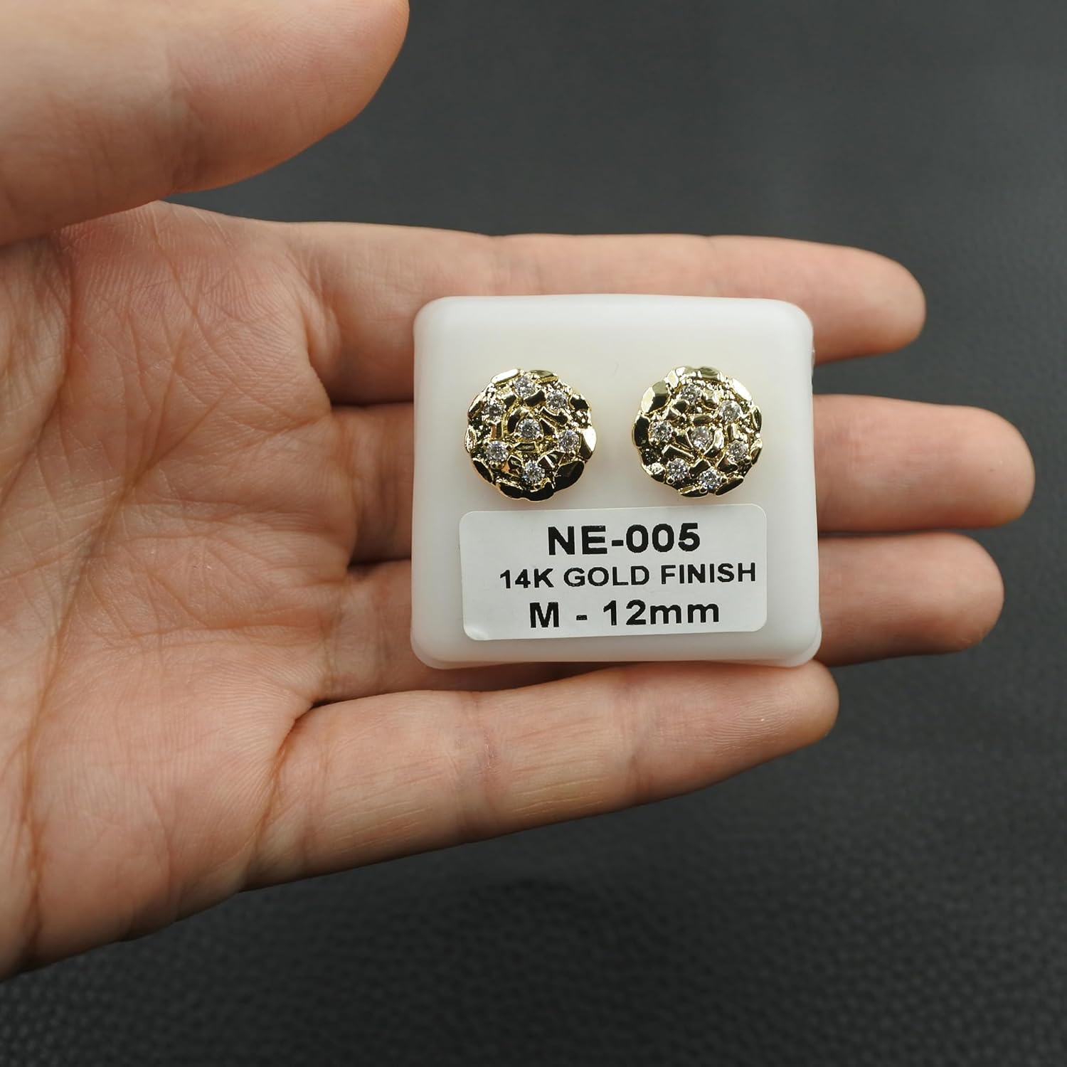 14K Gold Plated Nugget Earrings For Men Women, Unisex Round Textured Cookie Nugget Stud, Cubic Zirconia Round Shape Earrings Studs Gold - Image 4