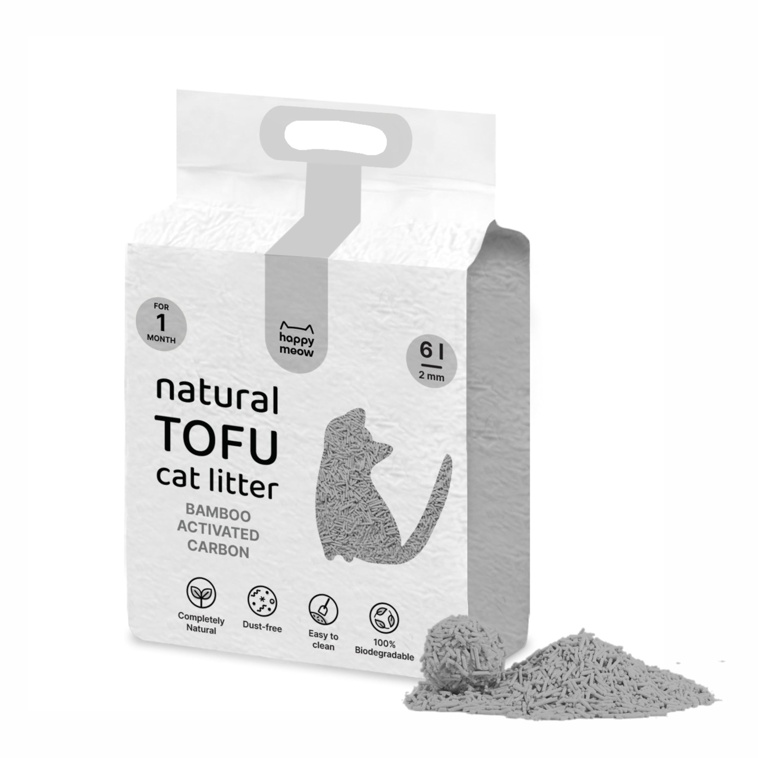 HAPPY MEOW Arena de Tofu para Gatos (6L/2,5Kg) Natural y Biodegradable - Aglomerante Instantáneo, Bajo en Polvo, Control de Olores Duradero, Ultra Absorbente, Desechable en el Inodoro-Carbón Activado