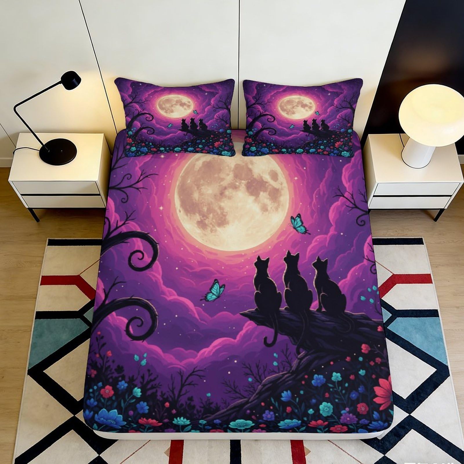 3D Printed Night Cat Fitted Sheet Microfiber Deep Pocket Bedroom Bedding Night Cat Mattress Fitted Cover for Adults Teens 90x200x25cm