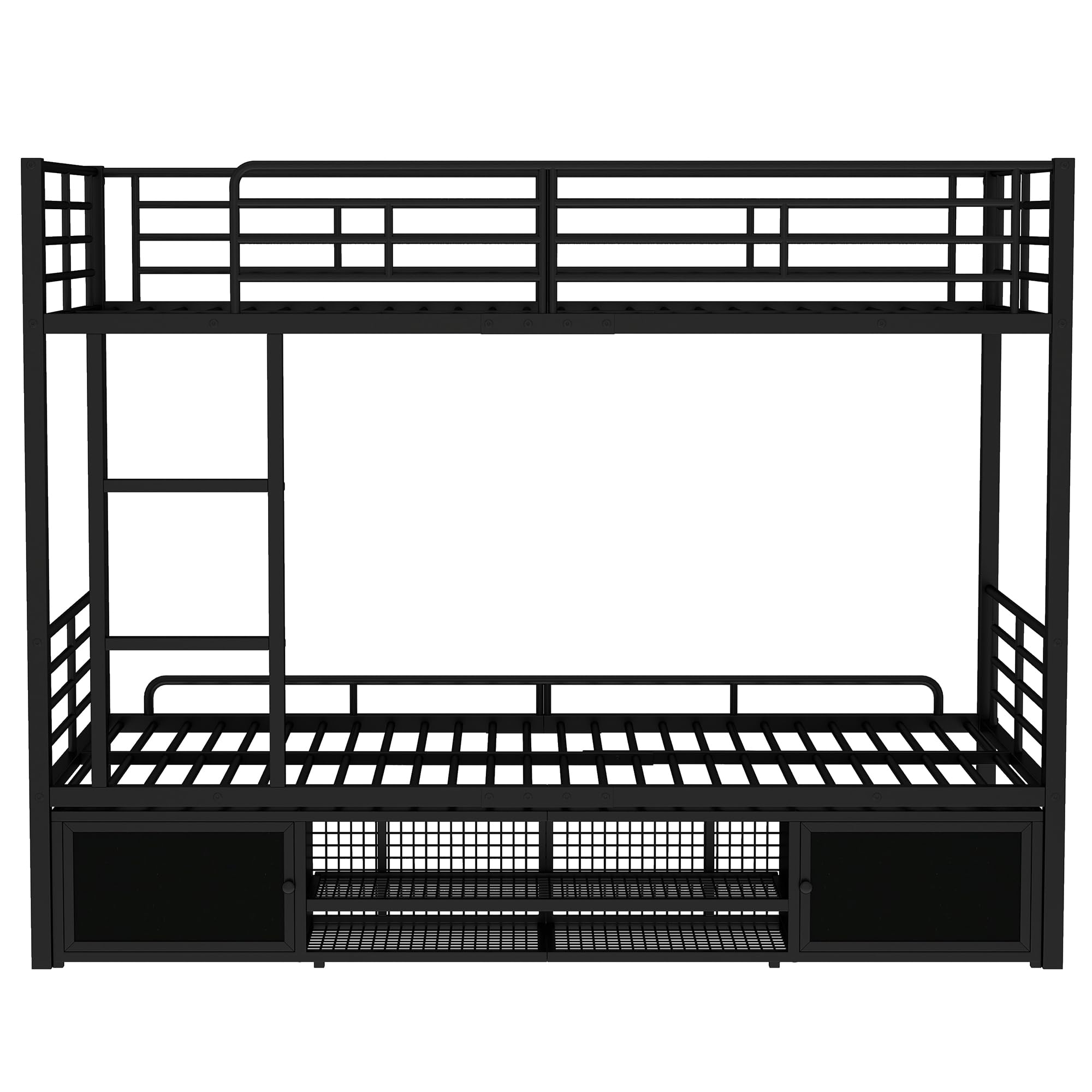 Cama con marco de hierro, litera, negro, 90 x 200 cm, zapatero abierto, armario de almacenamiento de doble puerta, con escalera lateral, rejilla protectora, sin colchón