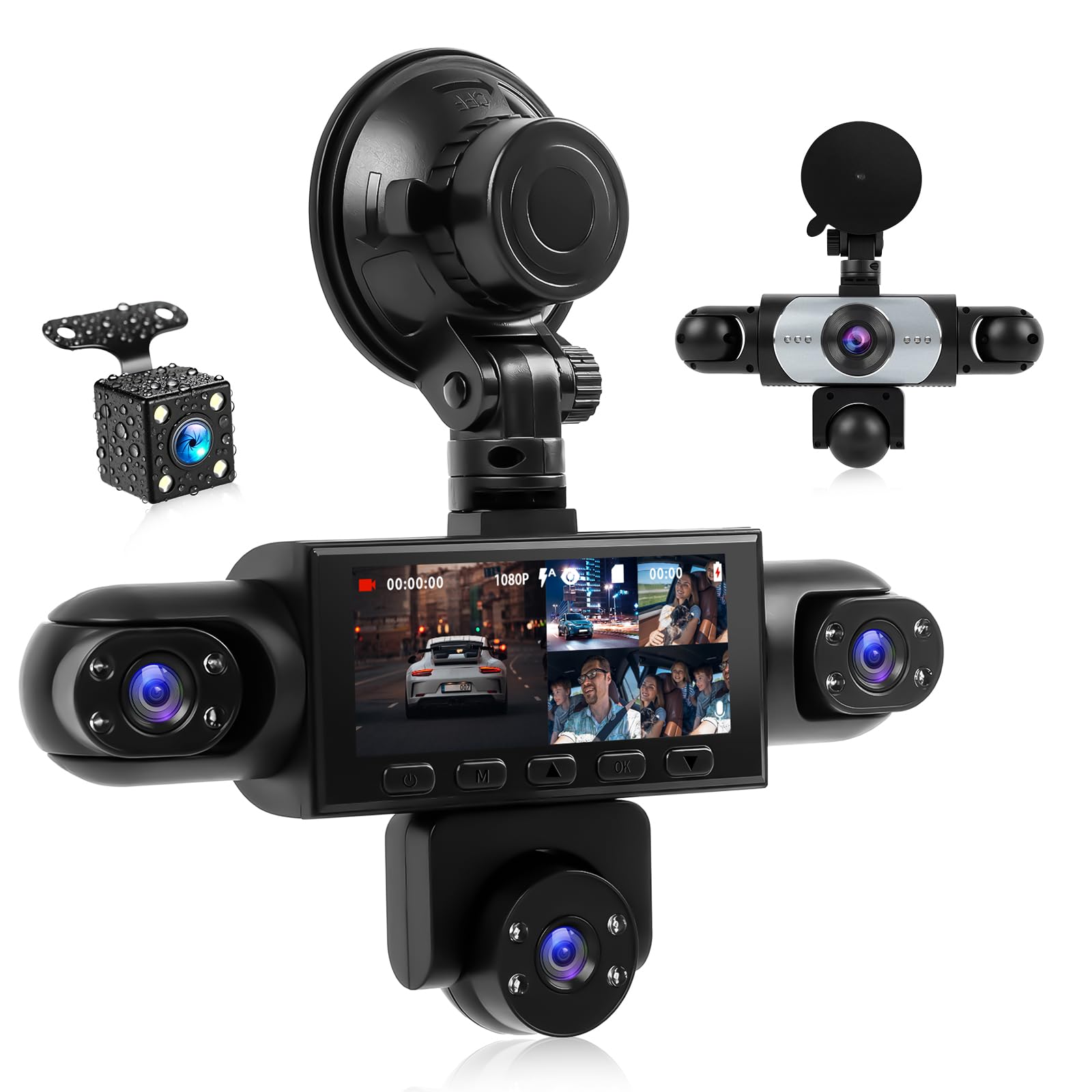 CAMECHO Dash Cam 5 Canaux, Caméra Frontale 1080P 150 °+4 Caméras latérales 480P 120 °, 3,16 Pouces Dash Cam, Enregistrement en Boucle, Vision Nocturne et Détection de Mouvement