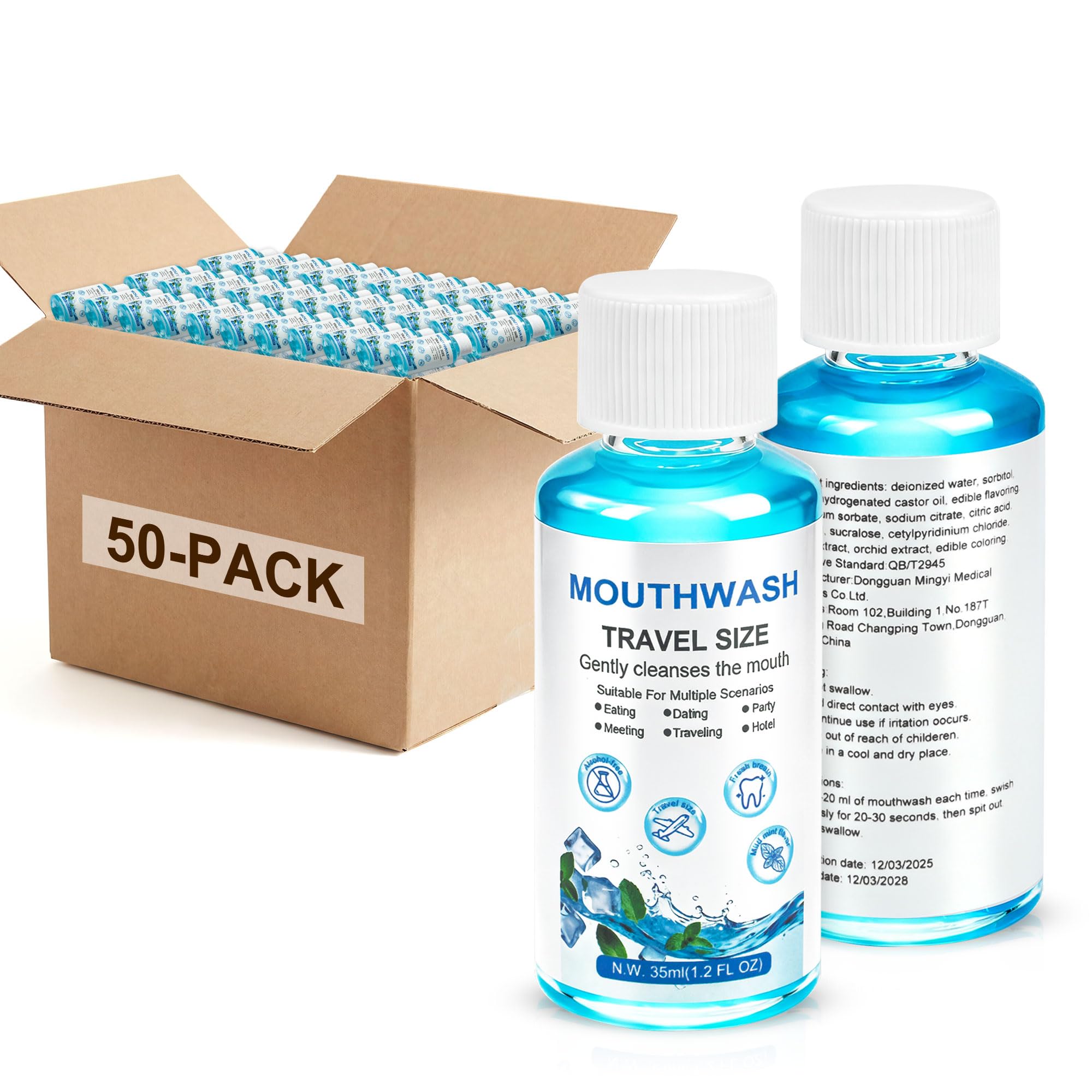 Travel Mouthwash Mini, 1,2 oz/35 ml Mini collutorio sfuso, alito fresco, facile da trasportare, adatto per viaggi, hotel, lavoro, appuntamenti, indispensabile (CONFEZIONE DA 50)