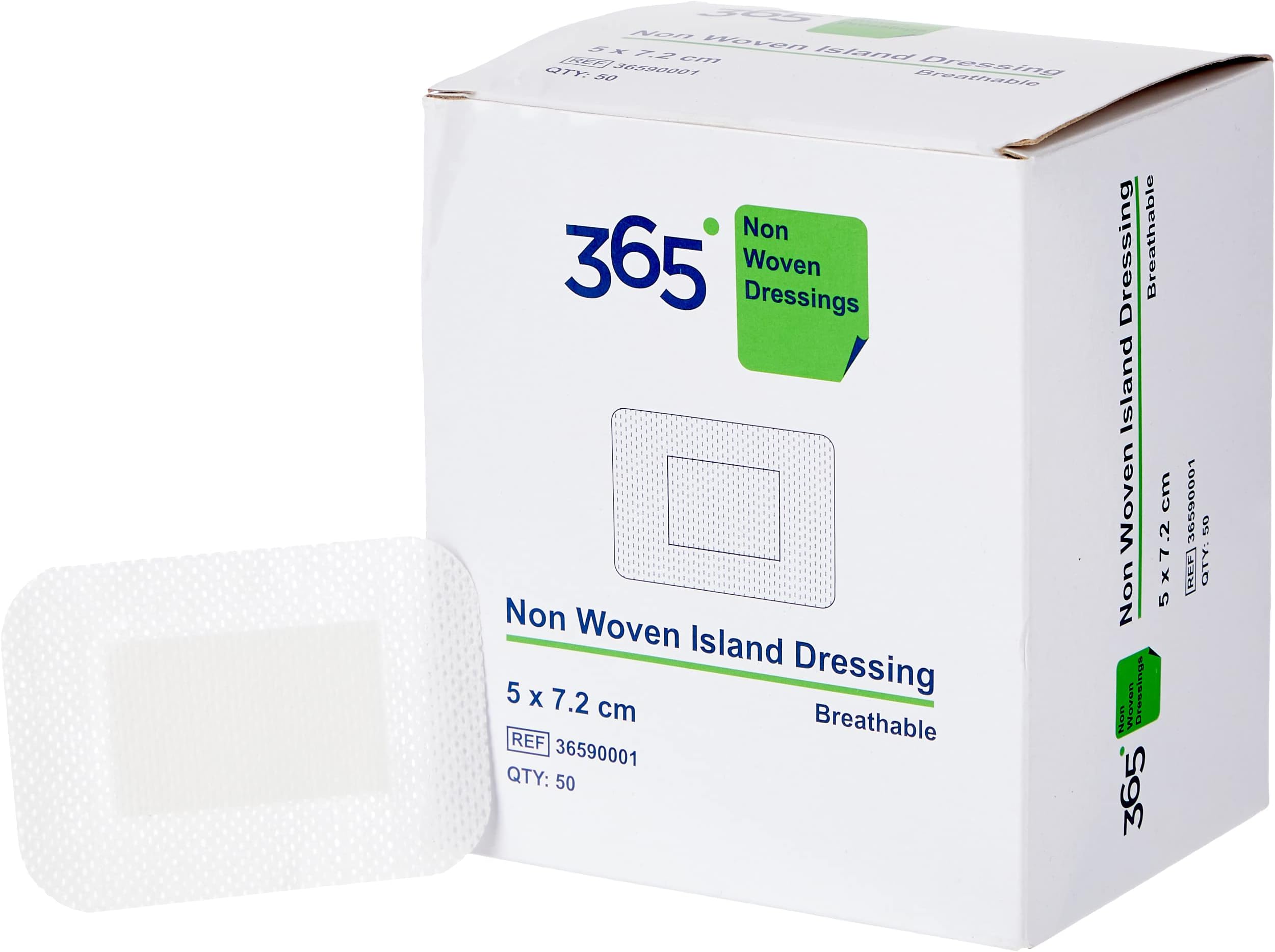 365 Non Woven Island Dressing 5 x 7.2 cm - Pack of 50 (Ref 36590001), Packaging may vary