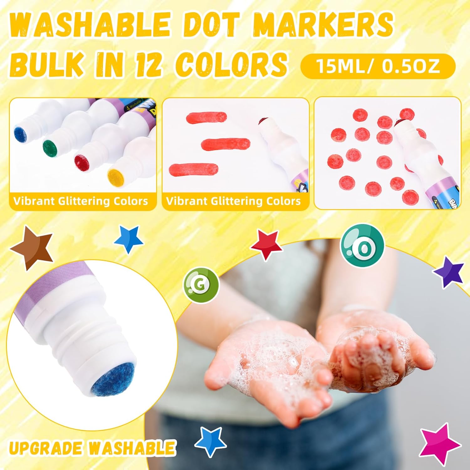 Crtiin 72 Pack Mixed Colors Set of Washable Dot Markers 0.5 oz Bingo Daubers Bulk Washable Art Markers in 12 Colors Paint Craft Kit for Art and Crafts Painting Coloring Bingo Supplies