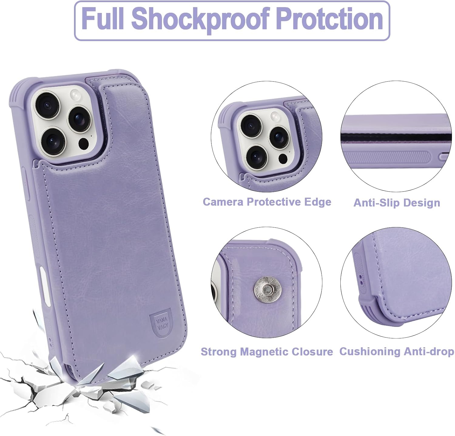 VANAVAGY Compatible for iPhone 16 Pro Wallet Case with RFID Blocking Credit Card Holder, PU Leather Flip Phone Cover Fits Magnetic Car Mount Kickstand with Screen Camera Protector,Clove Purple