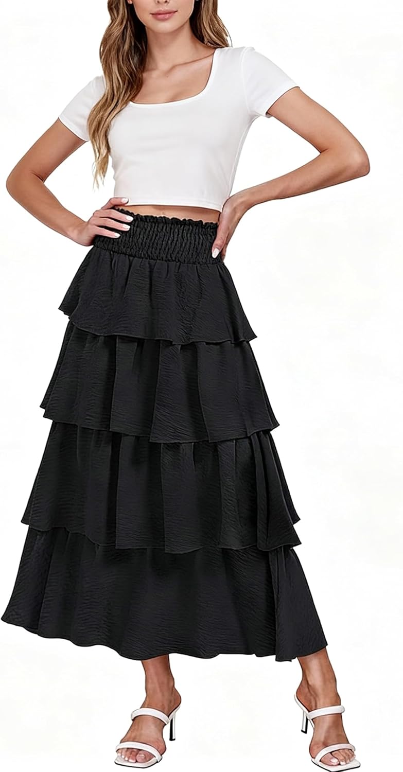 Casly Lamiit Womens Maxi Skirt Flowy High Waisted Tiered Layered Long Skirt for Party Wedding