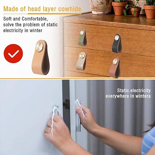 Miniatura 10 de Tiradores de cuero para cajones, paquete de 4 pomos para cajones de gabinete, pomos suaves para puerta de armario que mejoran el aspecto de los