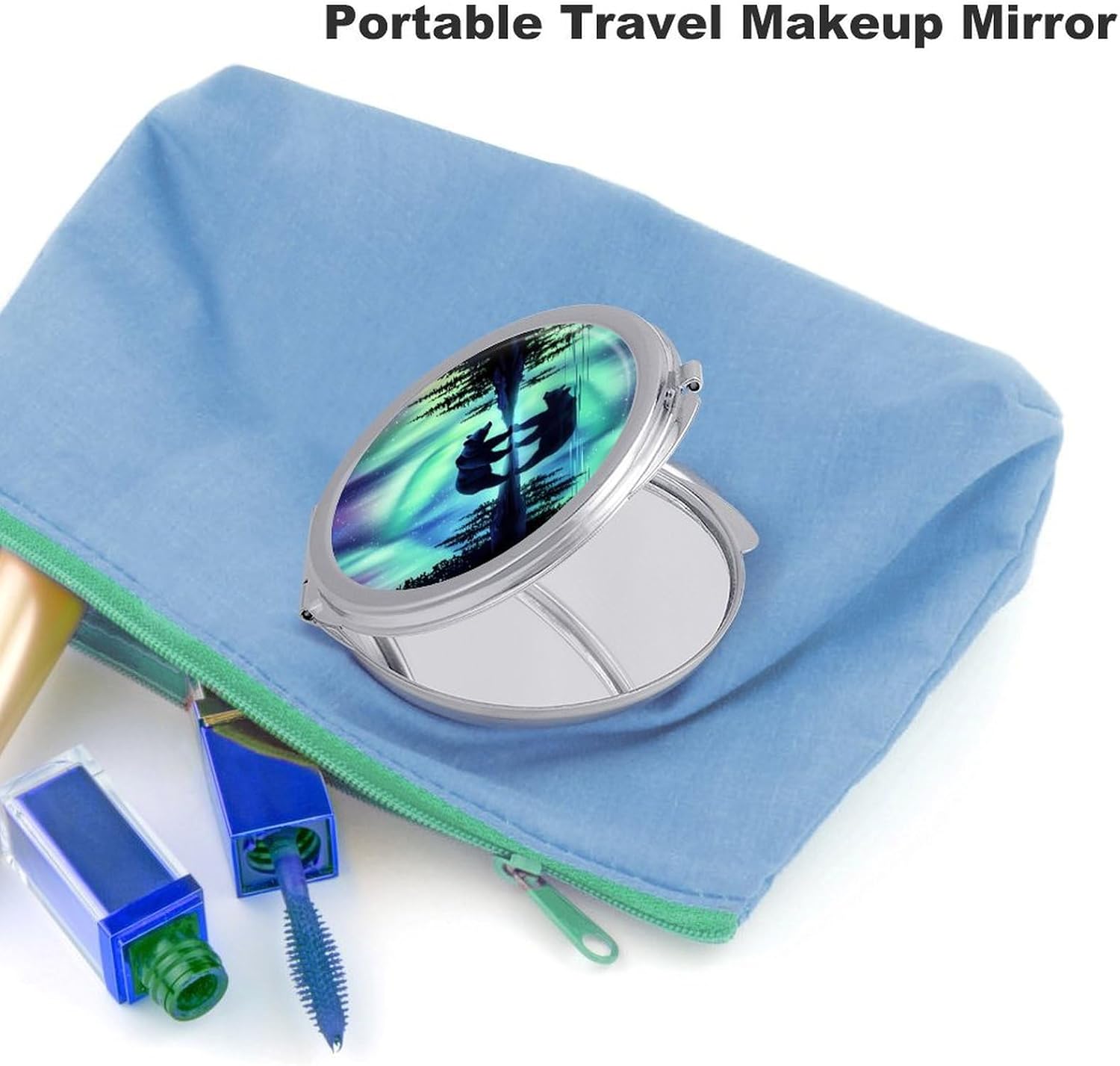 Bear Northern Lights Print Compact Makeup Mirror Mini Foldable Cosmetic Mirror Portable Travel Mirror for Purse Pocket