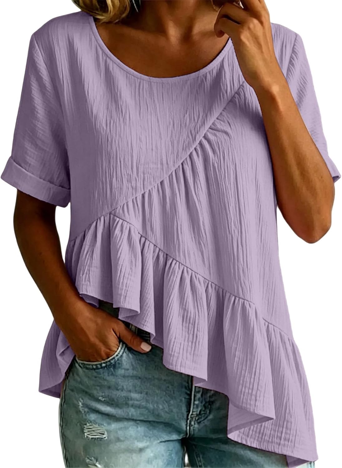 Women's Tops Asymmetrical Ruffled Cropped Shirts Cotton Linen Short-Sleeve Shirt Breathable Wicking Cute Casual Blouse