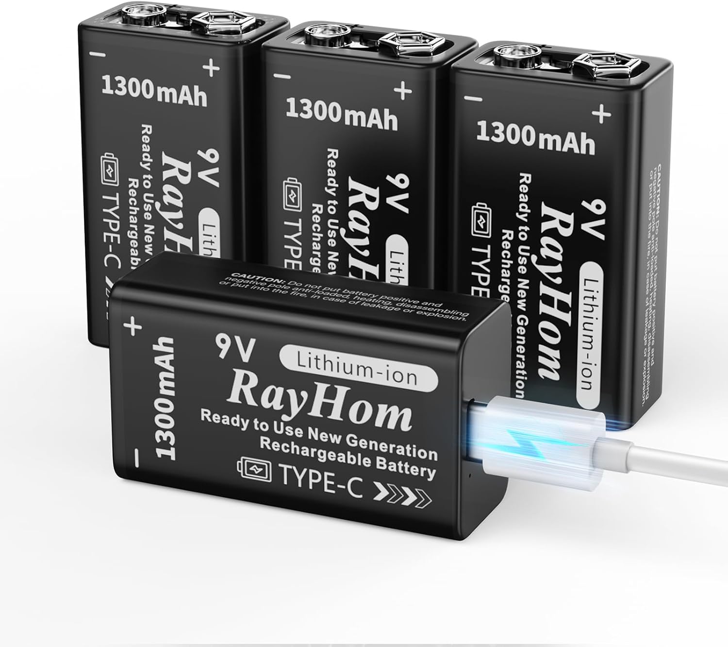 USB Rechargeable 9V Lithium Batteries – 4-Pack 9 Volt Li-ion Battery for Smoke Detector, with 2 USB-C 2-in-1 Charging Cable, Excessive Capability 1300 mAh, Fast Fees 2 Hours, Over 1000+ Cycles