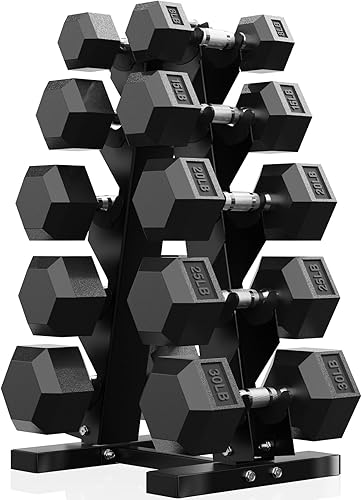 Miniatura 14 de PAPABABE - Juegos de mancuernas hexagonales de 60-550 libras con revestimiento de goma y soporte de almacenamiento, mancuernas con múltiples