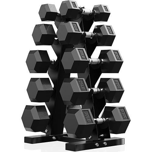 PAPABABE Hex Dumbbell Sets with Rack, 60-550lb Rubber Coated Dumbbell Weight Set and Storage Rack, Multiple Options Hand Weights for Strength Training