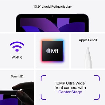 Apple iPad Air (5th Generation): with M1 chip, 10.9-inch Liquid Retina Display, 64GB, Wi-Fi 6, 12MP front/12MP Back Camera, Touch ID, All-Day Battery Life Blue