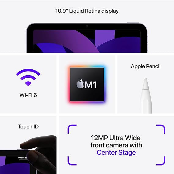 Apple iPad Air (5th Generation): with M1 chip, 10.9-inch Liquid Retina Display, 64GB, Wi-Fi 6, 12MP front/12MP Back Camera, Touch ID, All-Day Battery Life Blue