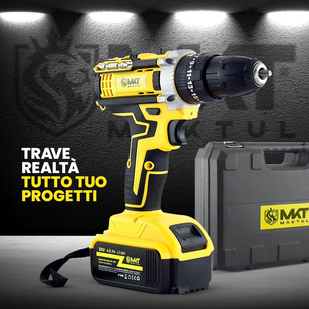 MAKTUL Trapano Avvivatore a Percussione Batteria Potente 2x4000mAh 20V Drill Elettrico Multifunzione Senza Fili con Accesori Fai Da Te 100% Compatibile, Luce Livello Regolazione Coppia, 2 Velocità