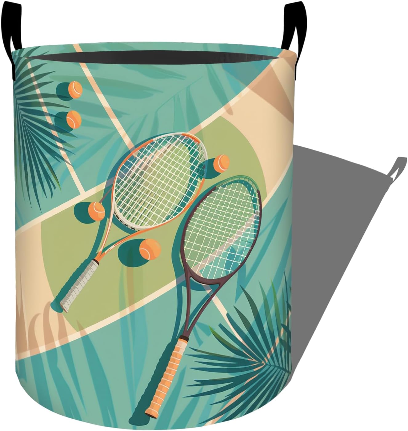 Tropical Tennis Rackets and Balls Laundry Basket with Handles, 19.7"x15.7" Clothes Foldable Laundry Hamper Organizer for Dorm Nursery Bedroom Bathroom Decor, Toy Storage Bin for Kids