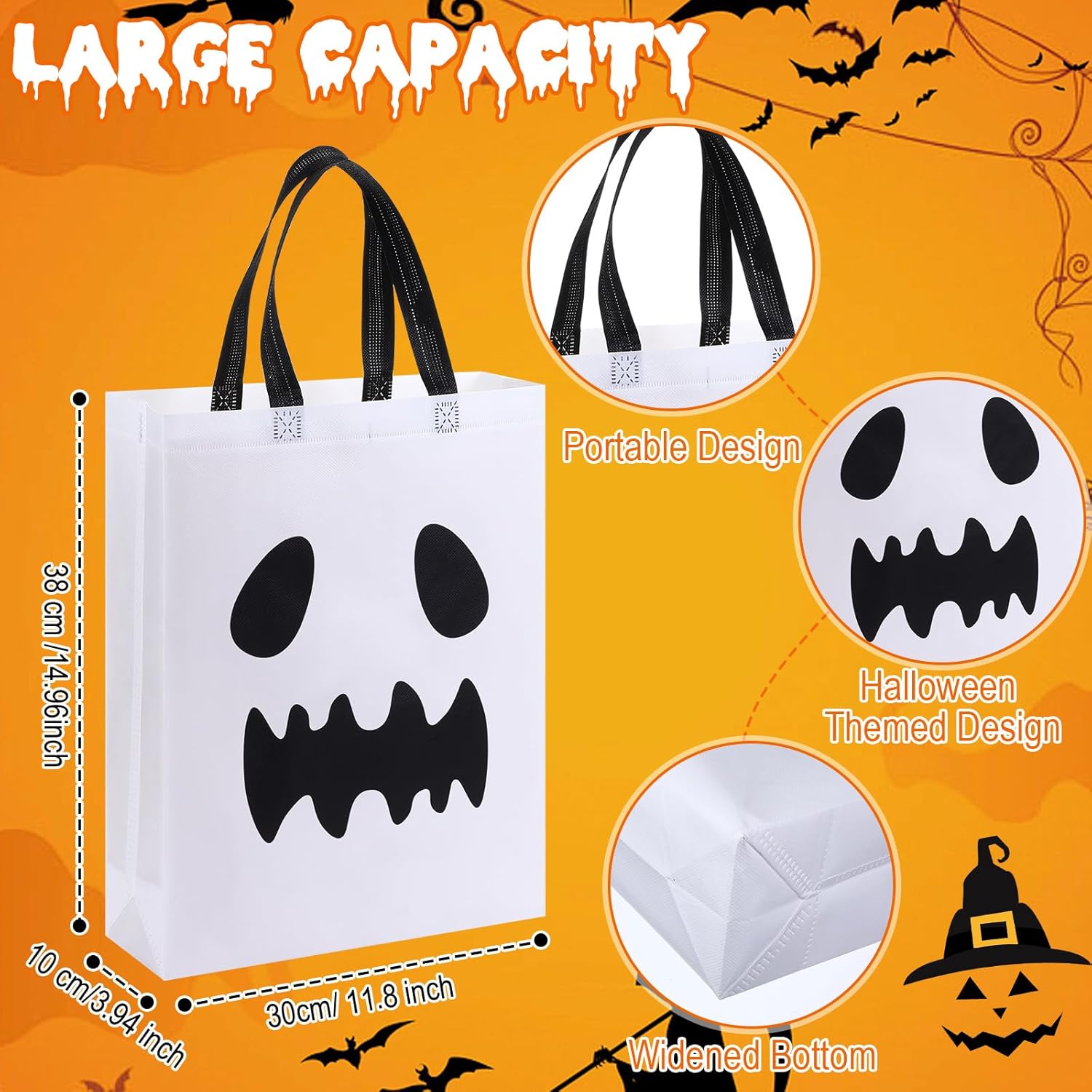 120 Pcs Halloween Tote Gift Bags 14.9''x11.8'' Large Treat Bag Bulk Reusable Halloween Non Woven Goodie Candy Bags with Handle for Party Supplies(White,Ghost)