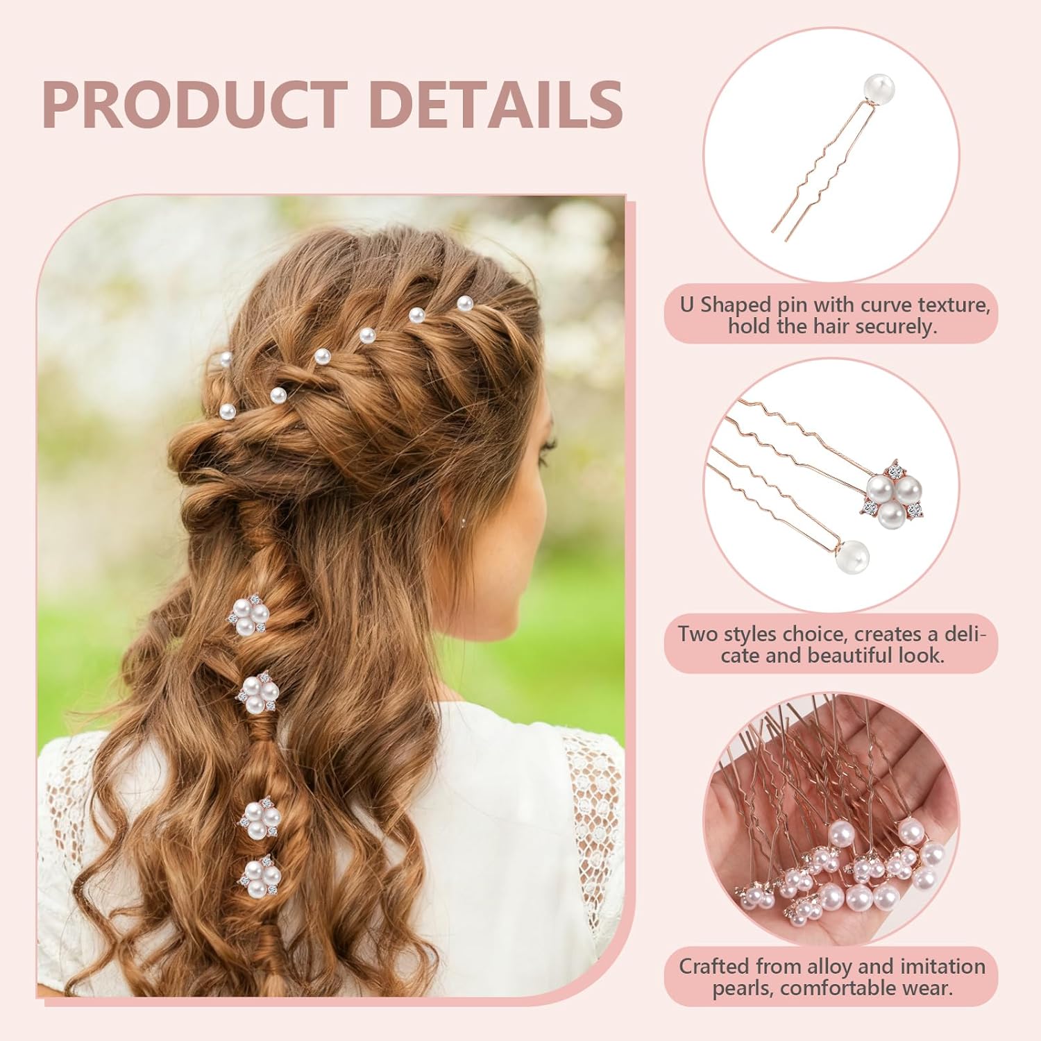 18+18 Pcs Pearl Hair Clips Wedding Hair Accessories Pearl Bobby Pins for Brides Bridesmaids Flower Women Girls (Rose Gold) - Image 3
