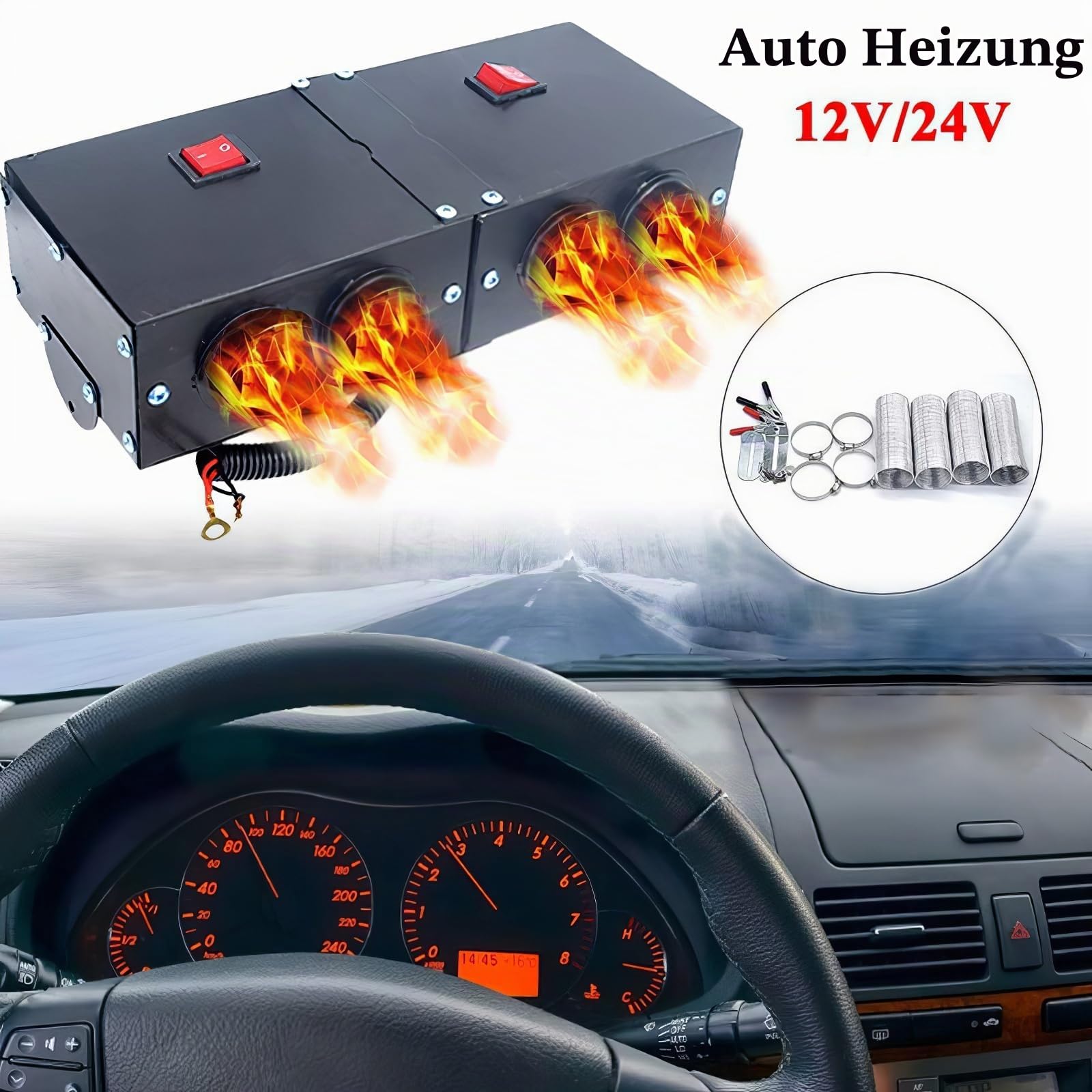 12V 360W Auto Heizlüfter Defroster, Riloer Tragbare Anti-Fog Heizung Mini-Autoheizung, Windschutzscheibe Demister Fenster Lüfter, Auto Winter Windschutz Demister Stumme Warmlüfter mit 4Ports