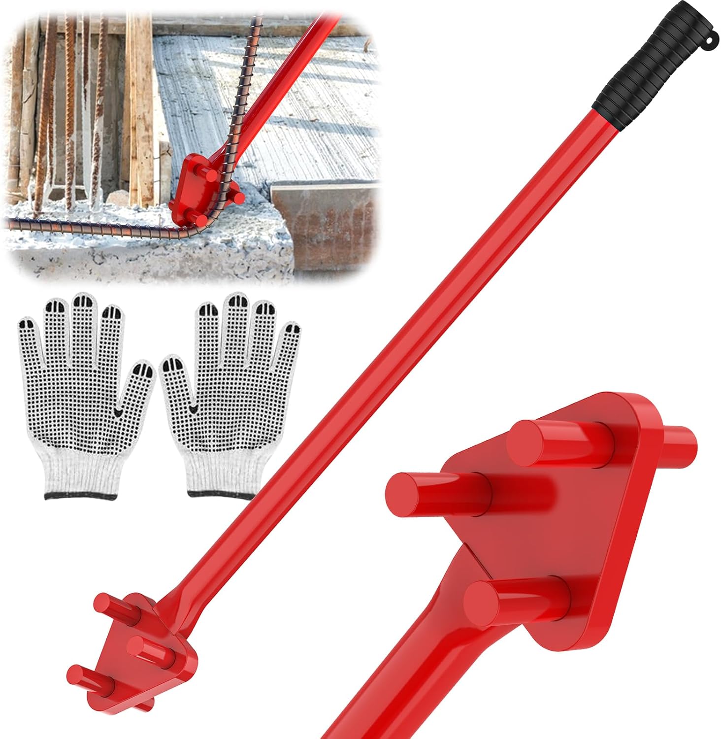 Reverse Head Rebar Bender for 5/8” Bars - Hand Operated Tool for Steel Rods & Flat Metal, Quick & Effortless 90° Bends, Red Industrial Design