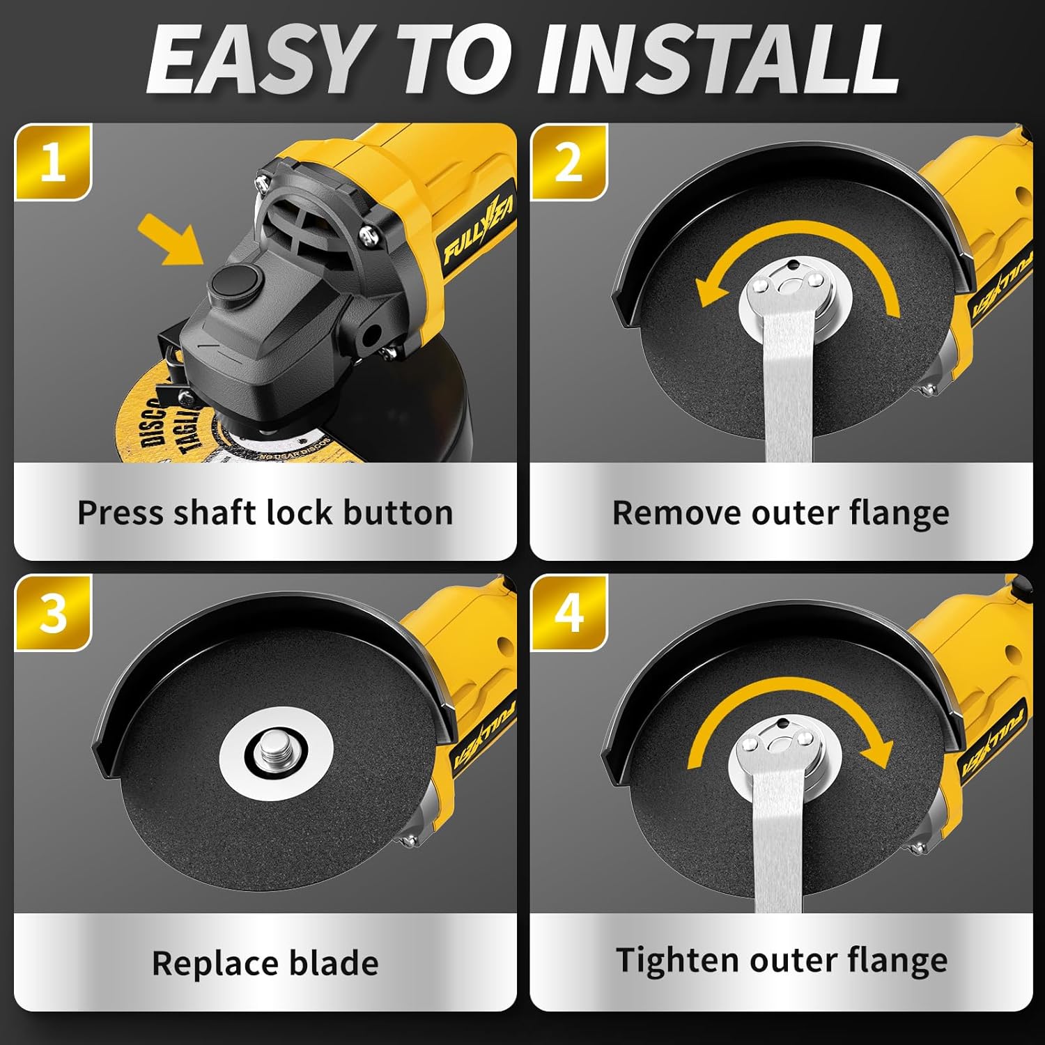 Cordless Angle Grinder 4-1/2", Brushless Angle Grinder Tool 12000 RPM, Power Angle Grinders with 2 * 4.0Ah Batteries & 3 Wheels, Electric Metal Grinder Kit for Cutting, Grinding (Yellow) - Image 2