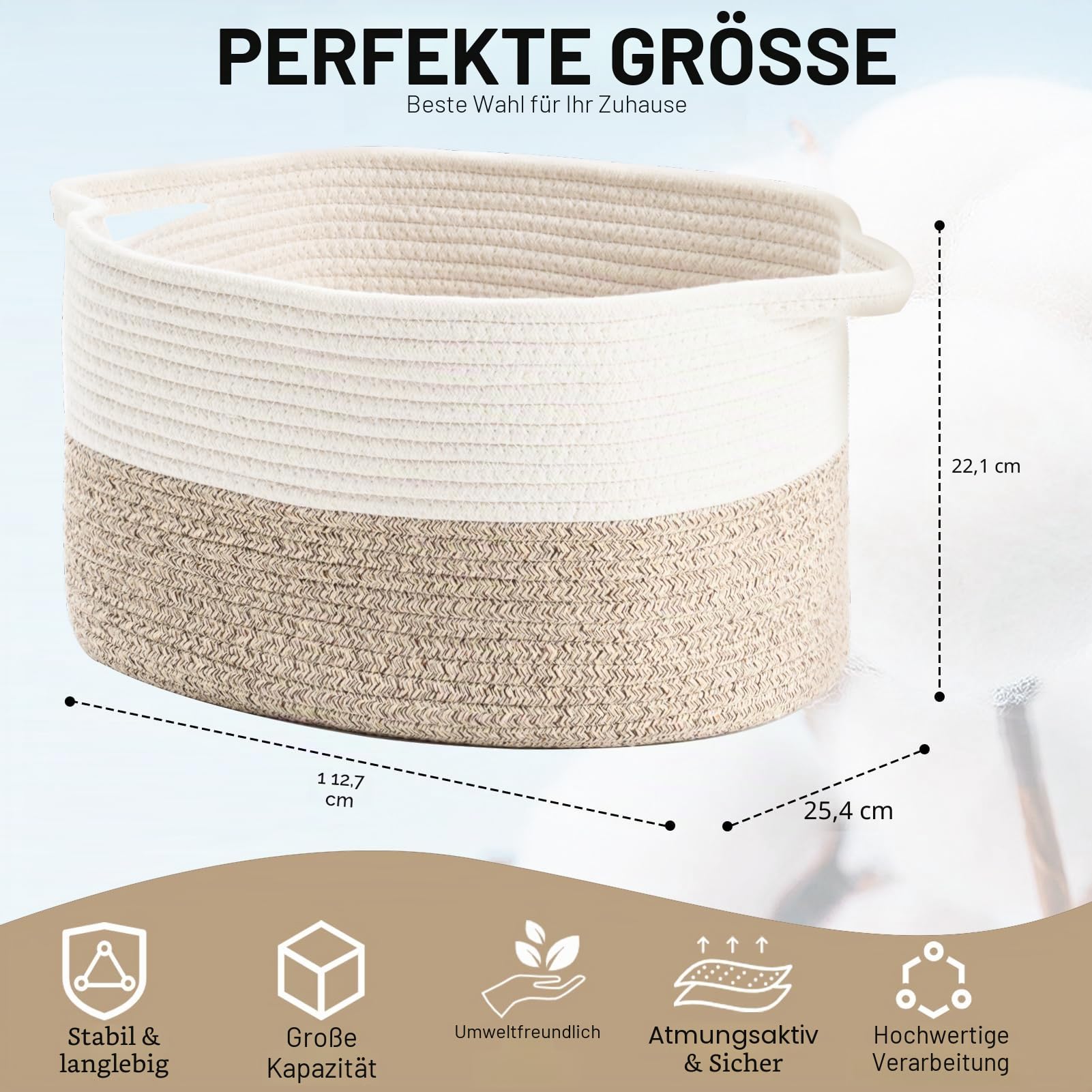 Baumwollseil gewebter Aufbewahrungskorb, verwendet für Baby Hamper Spielzeug Organizer, Geschenkkörbe leer, Kinder Wäschekorb, Baby Decke Korb. Größe 38x25x22 CM. (Weiß&Braun-3PCS)