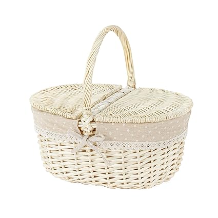 THY Collectibles Woven Wicker Picnic Basket with Double Lids and Handle with Washable Lining Basket for Eggs, Candy, Flowers Rattan Cottage Style Storage - L16 x W11.8 x H7 (Light)