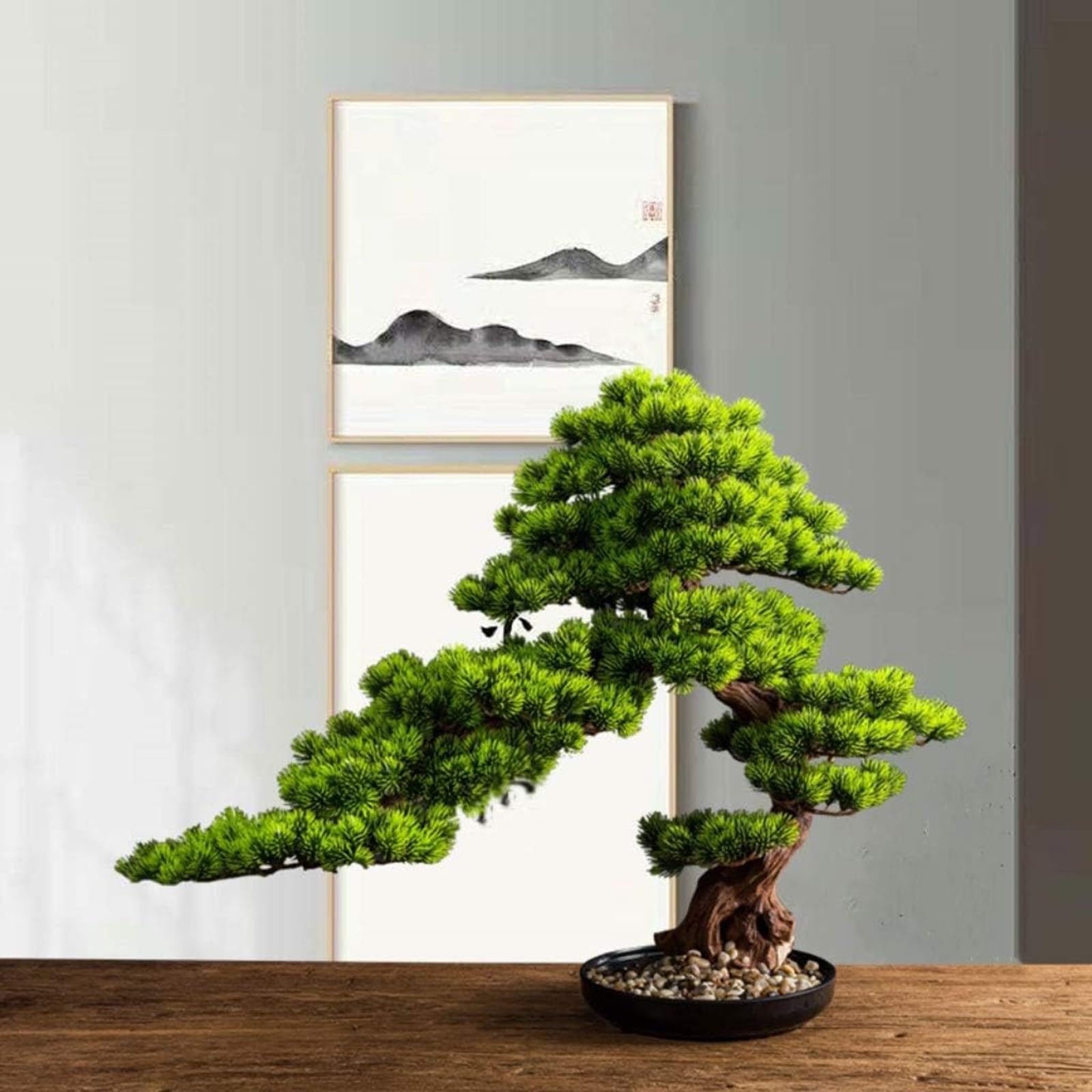 Bonsai artificiale realistico, pino cedro, podocarpo, pianta con fioriera in ceramica nera, decorazione per bagno e scrivania