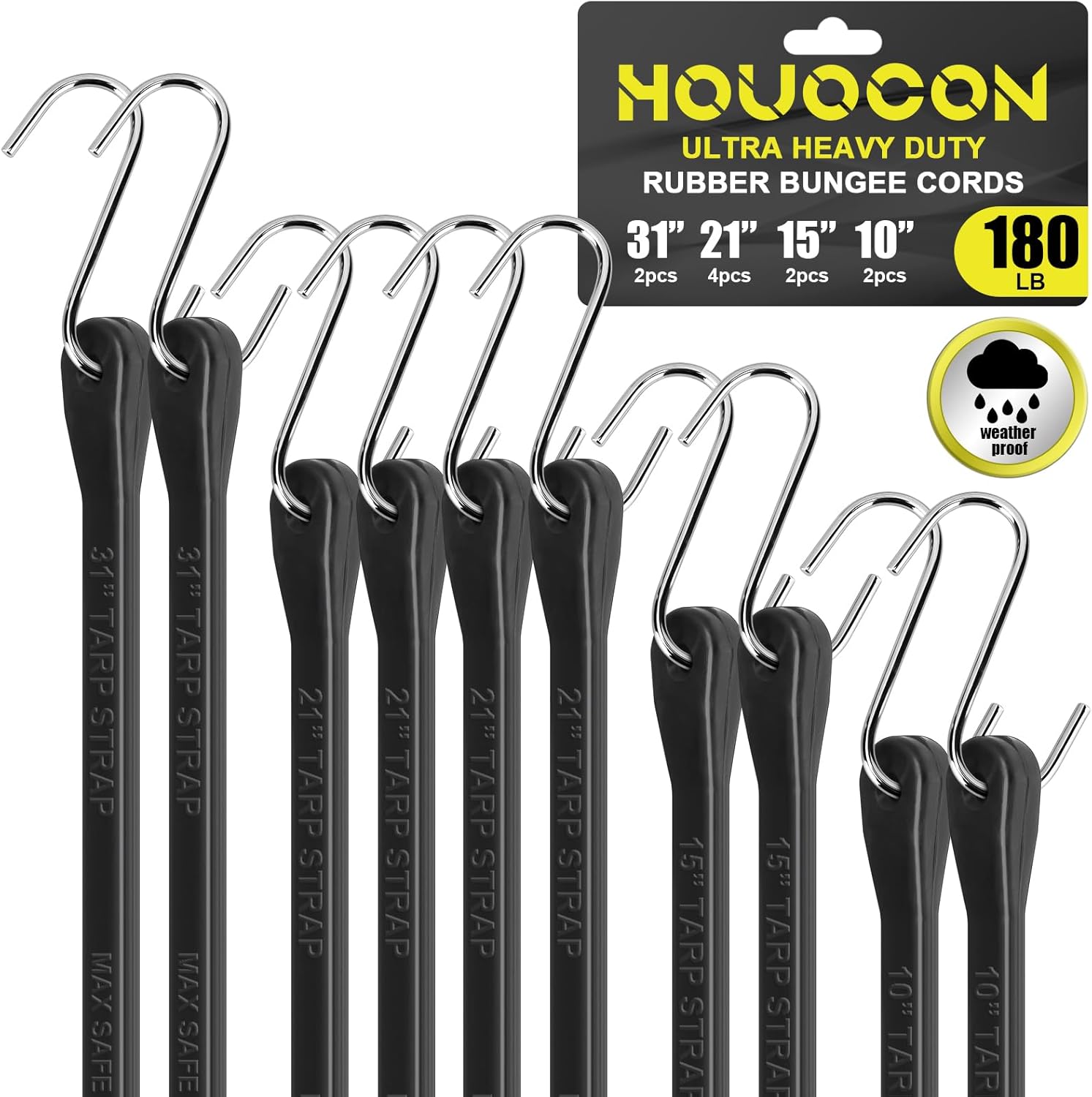 Bungee Cords with Hooks - Heavy Duty 30"/21"/15"/10" 10 Pack Rubber Straps, 304 Stainless Steel S-Hooks, 1.5X Stretch & 180 Lbs Load, Weatherproof for Truck, Tarp, Motorcycle, Camping, Outdoor