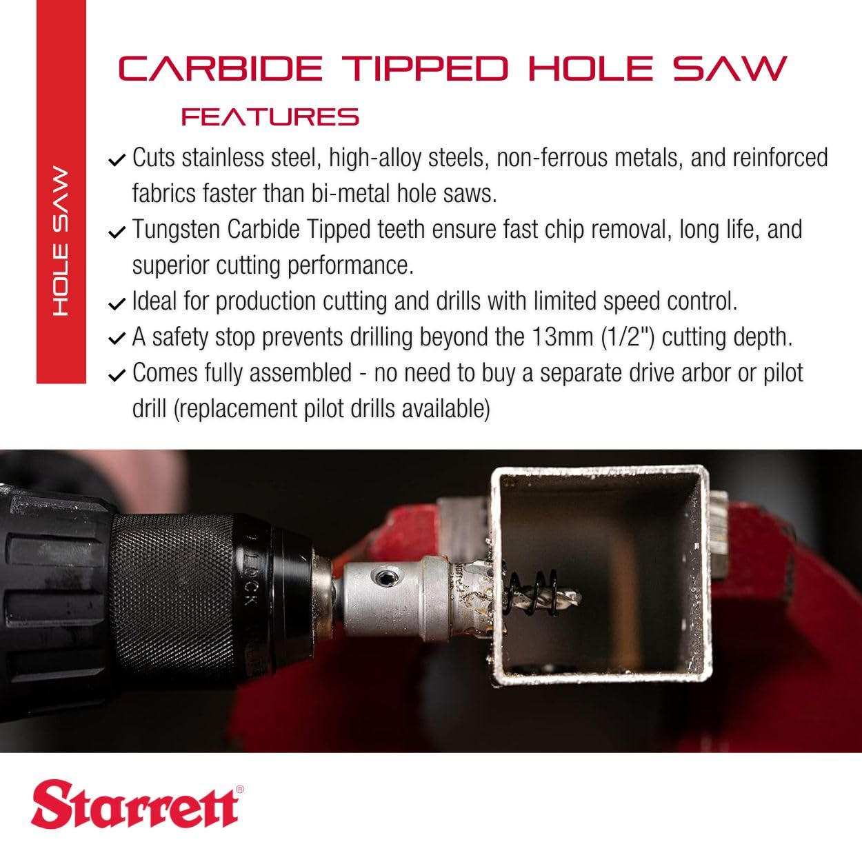 Starrett Hartmetall-bestückte Lochsäge - SM50 Blechschneider mit Aufnahme- und Zentrierbohrer - zum Bohren von Edelstahl-Aluminiumlegierungen - 50 mm