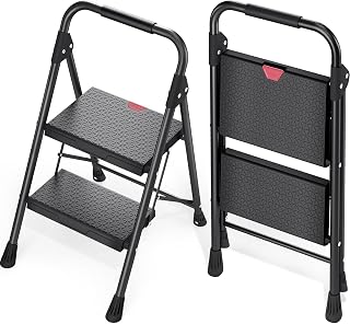KINGRACK 2-Step Ladder with Handrail, Folding Steel Step Stool, Black