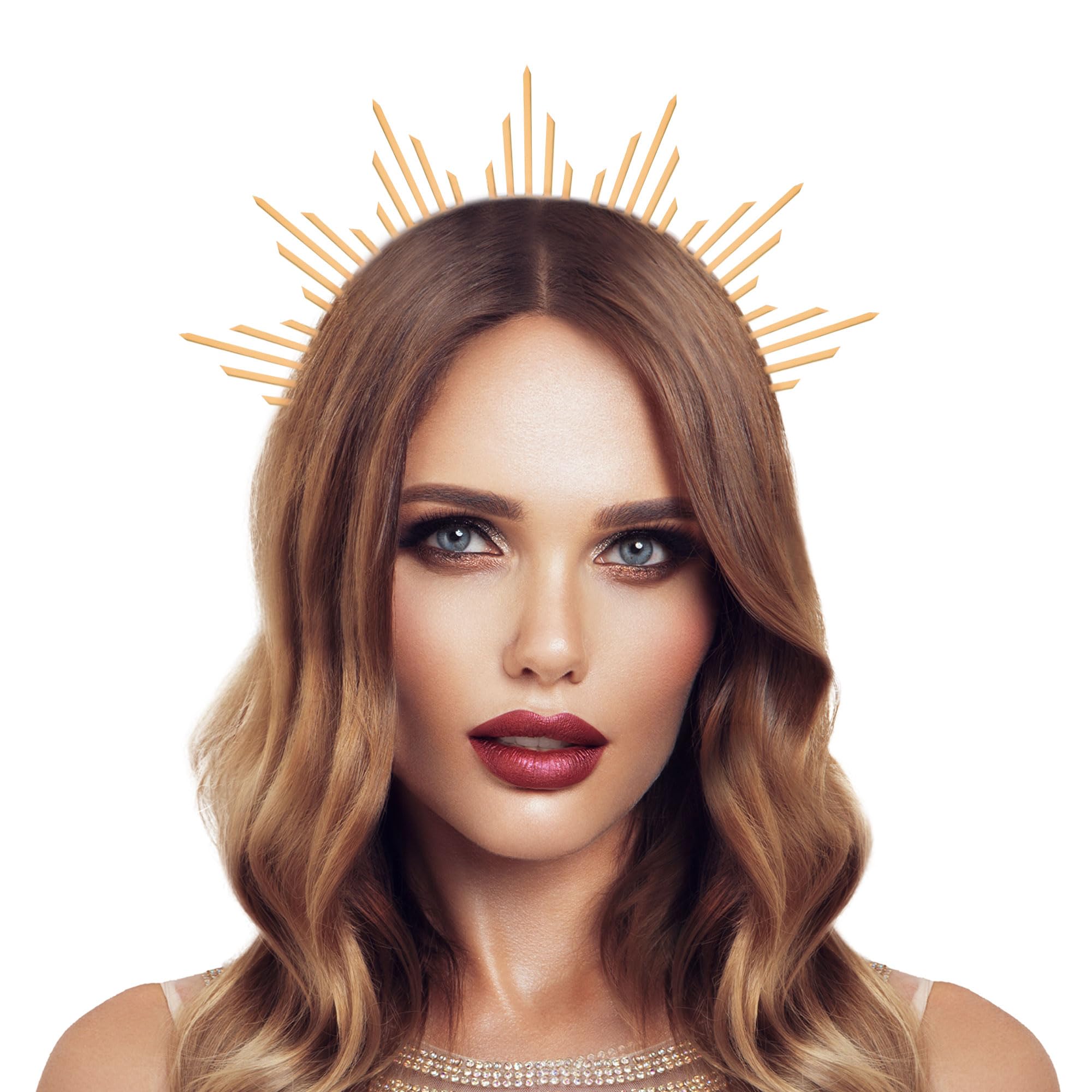 PartyforU Gold Goddess Halo Crown for Women Goddess Crown Headpiece Hairband for Festival Photo Shoots Sun Halo Headband Tiara for Renassiance