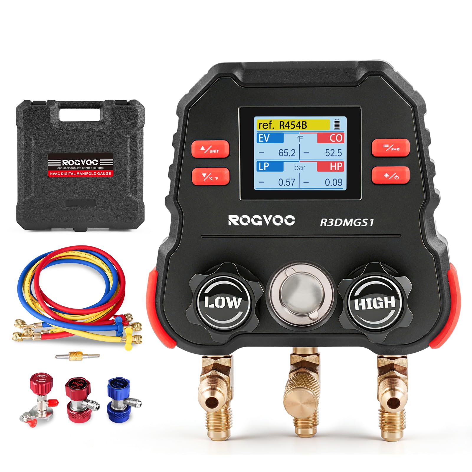 Rogvoc HVAC Digital Manifold Gauge, 3-Way Portable Refrigerant Recharge Kit
