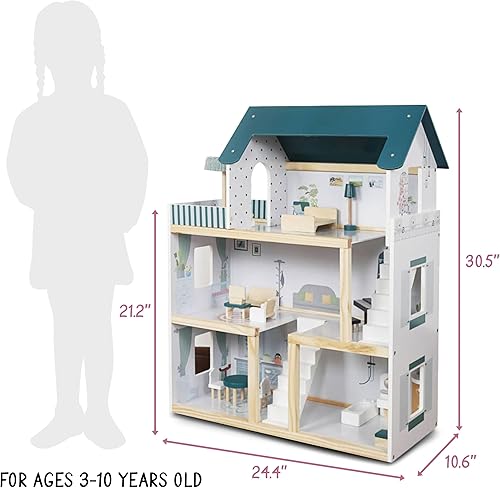 Miniatura 2 de Lil' Jumbl Casa de muñecas de madera para niños, accesorios y muebles de 17 piezas, con balcón y escaleras, juguete de casa de muñecas de 3 pisos