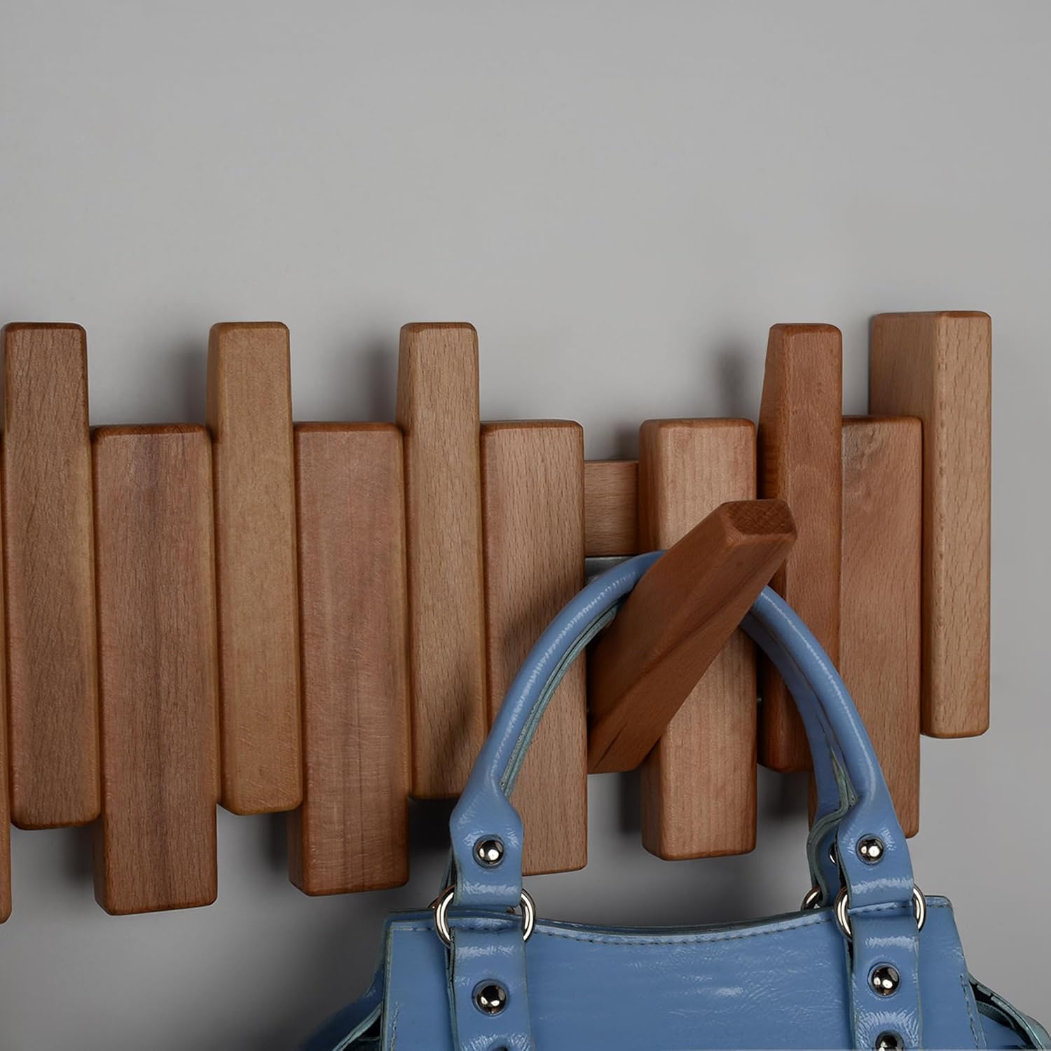 Piano Key Coat Rack – 8-Hook Rack in Solid Beech – Space-Saving Flip Hooks – Entryway Organizer for Coats, Hats, Bags