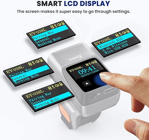 Vista 2 de Eyoyo Escáner de código de barras de anillo Bluetooth portátil con pantalla, mini lector de código de barras de dedo inalámbrico 1D compatible
