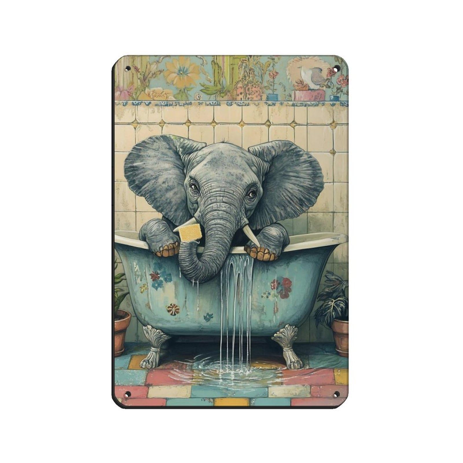 Quirky Elephant in Bathtub Retro Poster Metal Tin Sign Chic Art Retro Iron Painting Bar People Cave Cafe Family Garage Poster Wall Decoration 8x12inch(20x30cm)