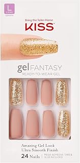 Gel Fantasy Ready-to-Wear Press-On Sculpted Gel Nails, “Background”, Long, Pink and Gold, High Arch Nail Kit with 24 Mega Adhesive Tabs,Manicure Stick, Mini File, and 28 Fake Nails