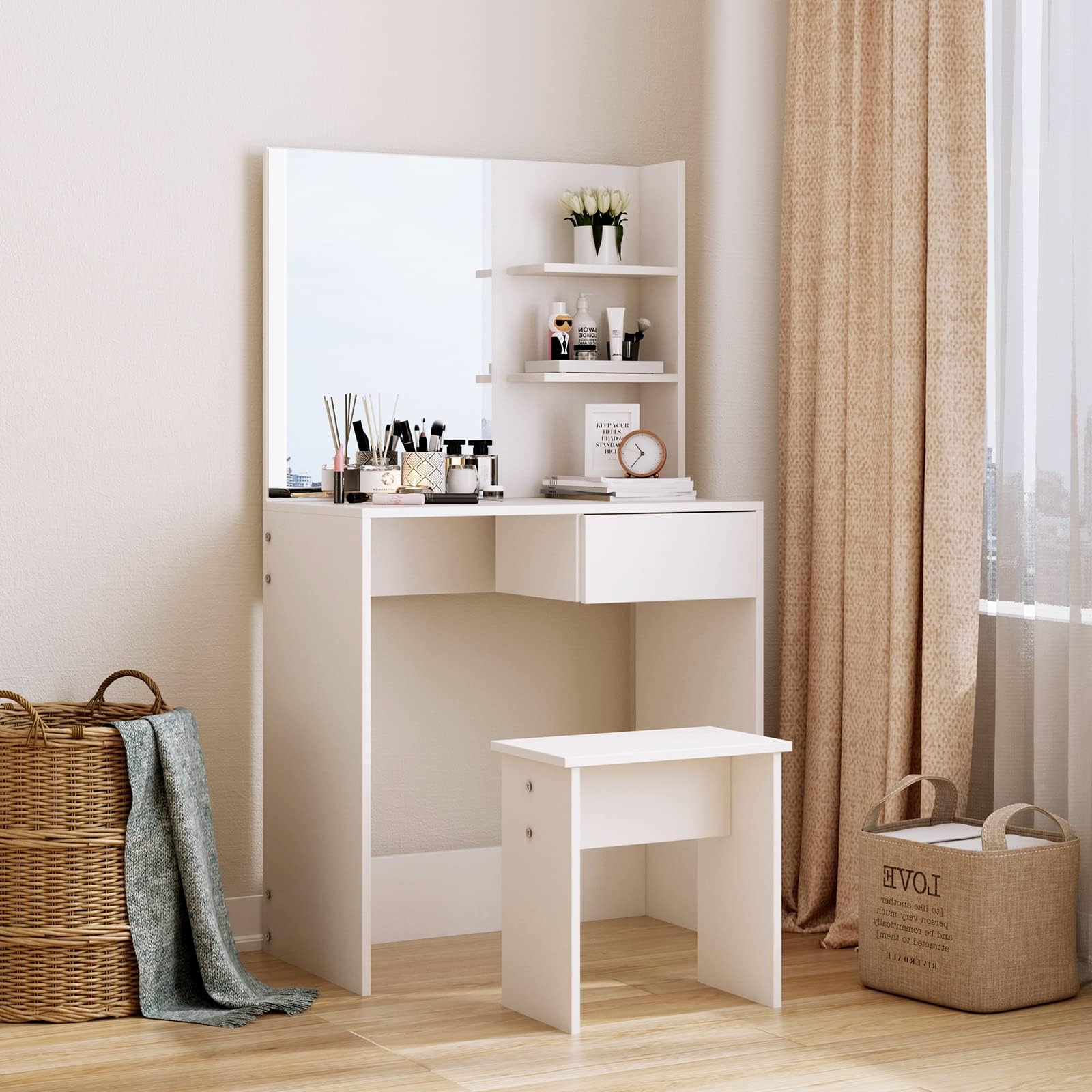 Coiffeuse Avec Miroir Et Lumières LED – 5 Tiroirs + étagères – Blanc, En MDF – 3 Réglages De Lumière (blanc Chaud/jaune Chaud/jaune Froid)