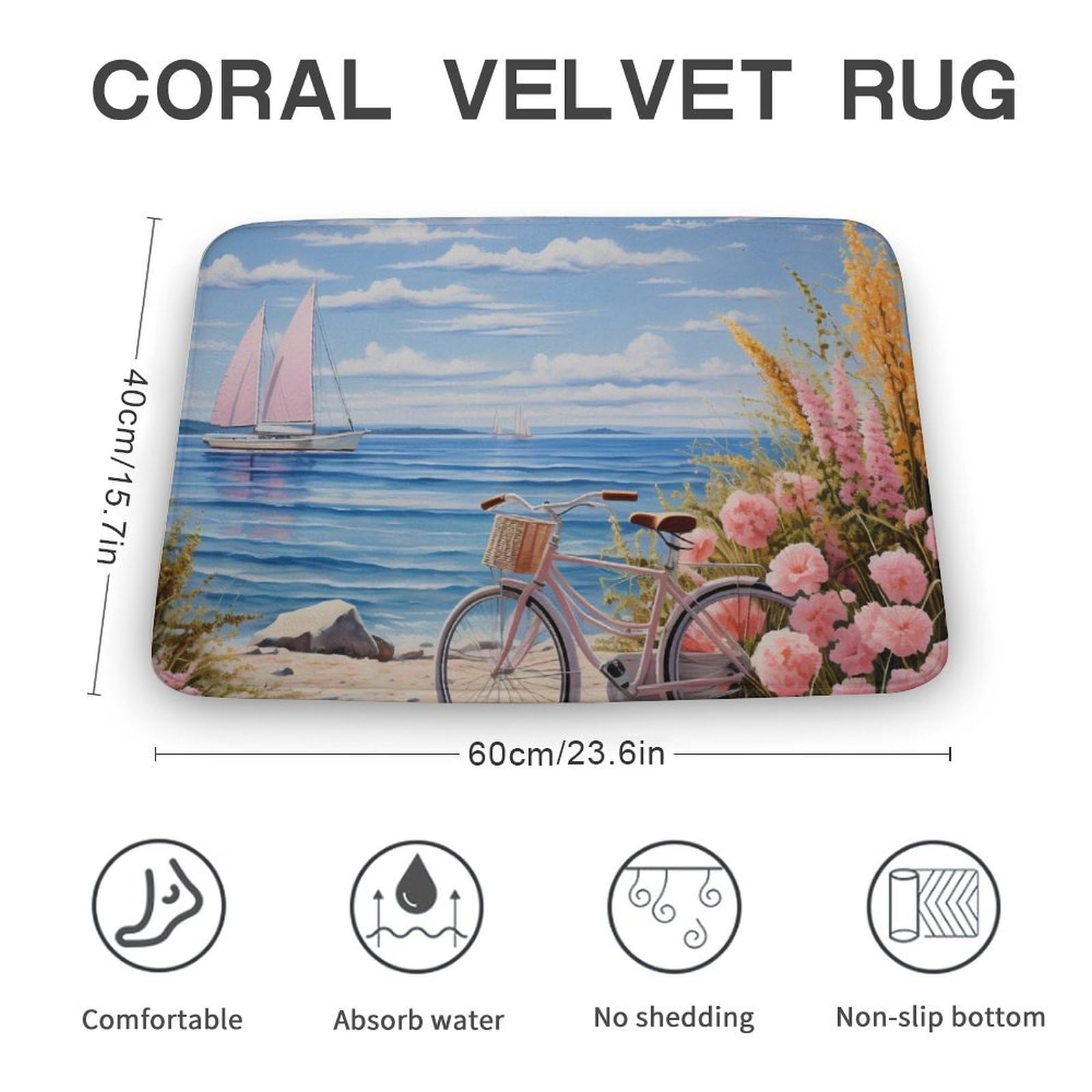 Bikees Seaside Bicycls and Flower Coral Velvet Rugs Non-Slip Bathroom Rugs Soft Kitchen Rug Floor Carpet for Home Decor 15.7