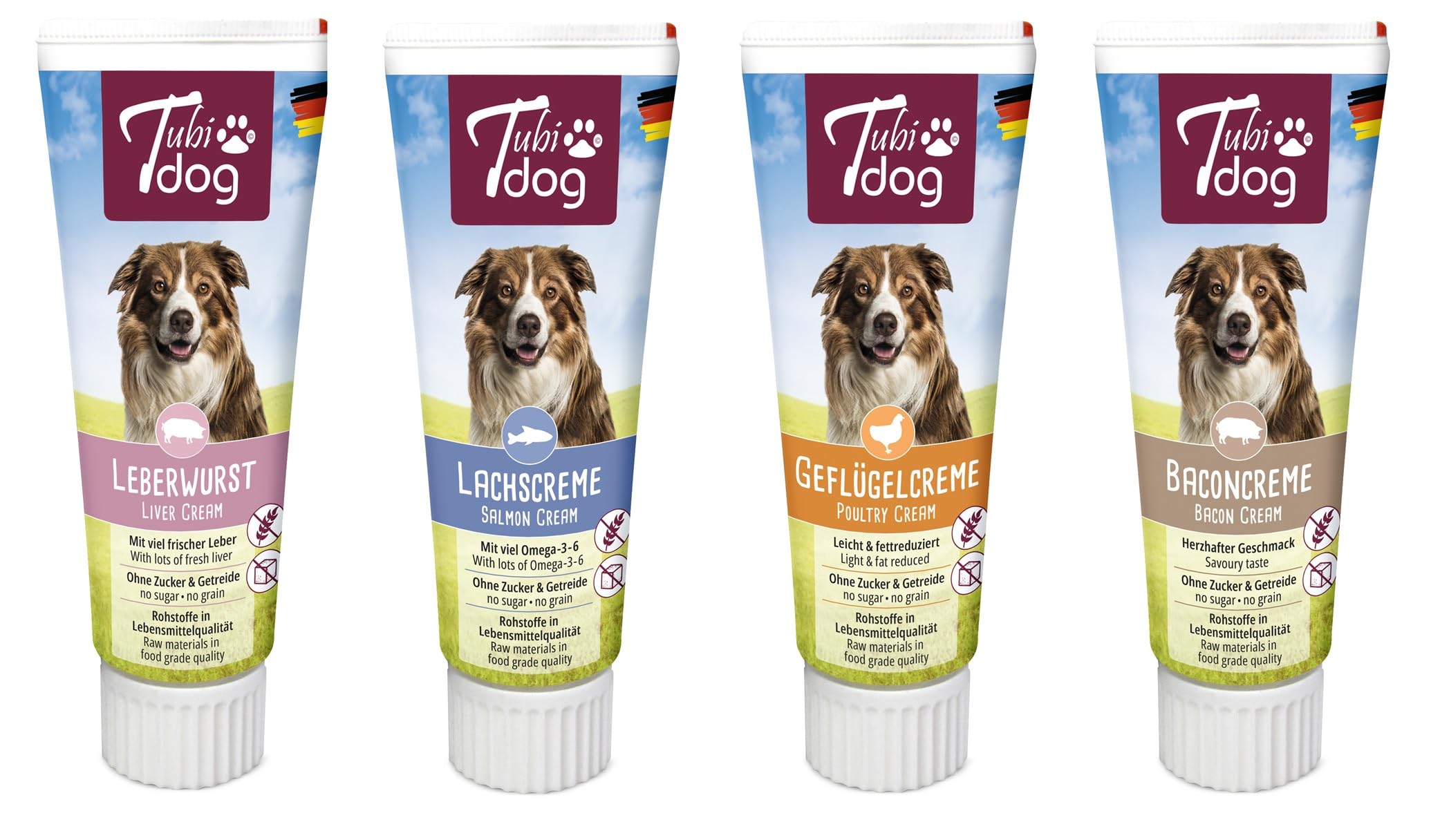 Tubi-Dog Set aus 12xLeberwurst 12x Lachscreme 12x Baconcreme 12xGeflügelcreme = 48 Tuben