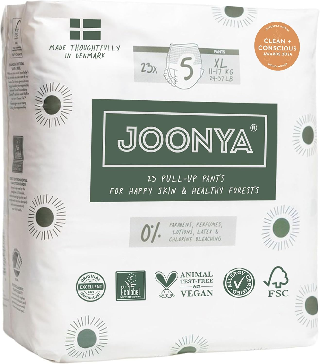 Joonya Pull-Up Pants Baby Diapers, Size 5 XL (24-37 lb) - 1 Bag of 23 - NonToxic, Eco-Friendly, Ultra Slim, Overnight Use - Made in Denmark The Nordic Swan Ecolabel