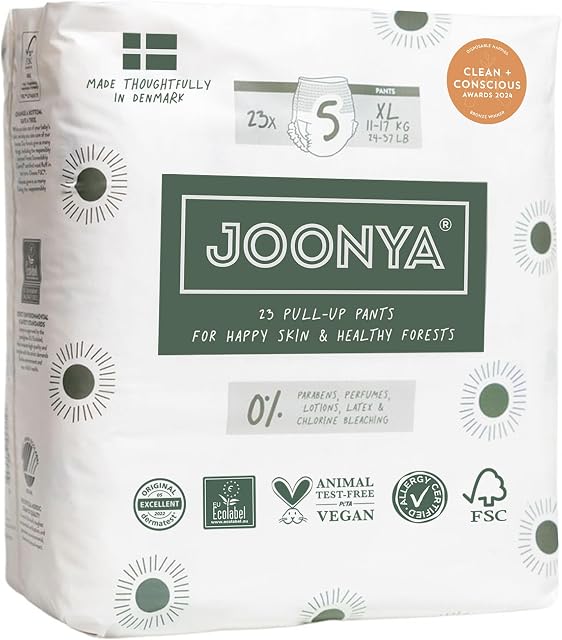 JOONYA Pull-Up Pants Baby Diapers | 12-Hour Ultra-Dry Protection For Toddlers | Size 5 XL (24-37 lb), 23 Count | Made in Denmark, Thin Unisex Fit, Non Toxic, Eco-Friendly, Overnight Use