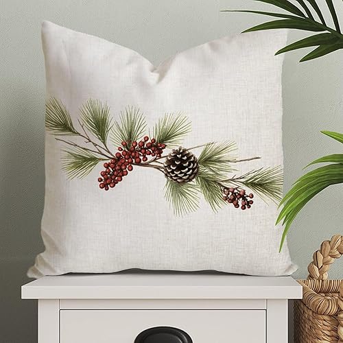 Fundas de almohada de ramas de pino con cono de pino y bayas, funda de cojín navideña de 22 x 22 pulgadas, funda de almohada asiática Eurosham