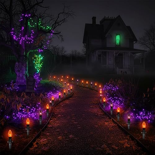 Miniatura 7 de Luces de camino de Halloween para exteriores, paquete de 10 luces de estaca para decoración de fiesta de Halloween con bombillas C9 transparentes